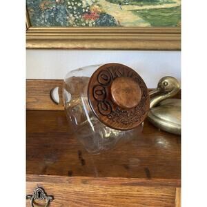 Vintage Midcentury Mod Teak Lid Glass Canister Cookie Jar With Wooden Lid